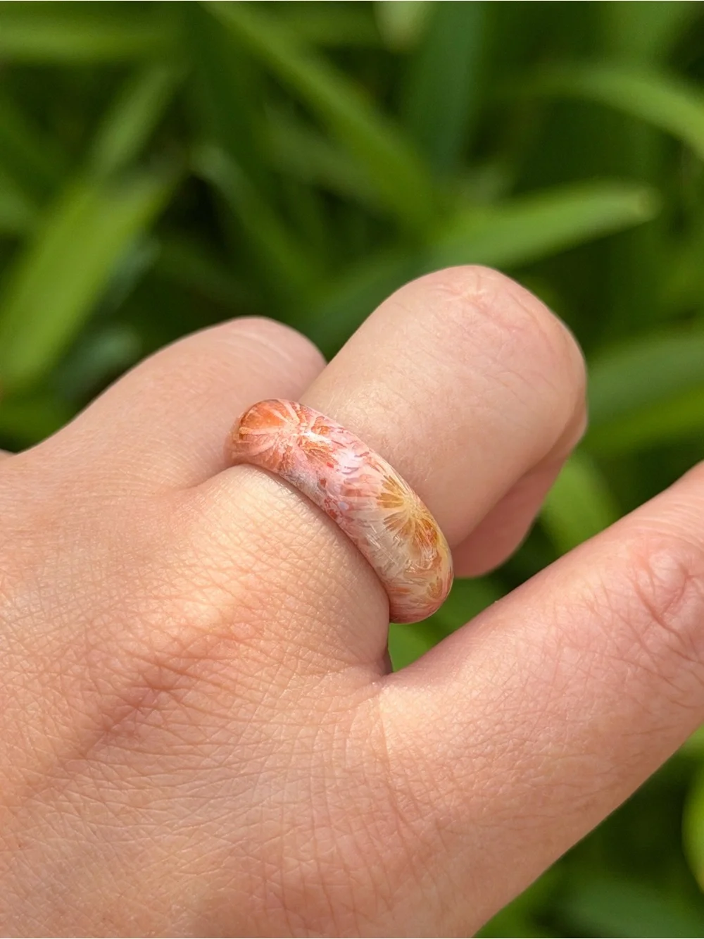 Size 7.5 Handcrafted Floral Coral Jade Dome Ring Peach Orange Color 1757